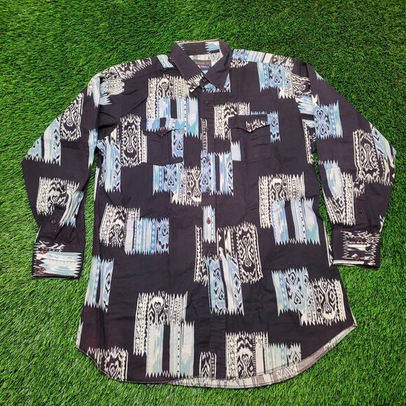 VTG 80s Panhandle Slim USA Abstract Ikat Print Cotton Shirt XXL Tall - Picture 1 of 6